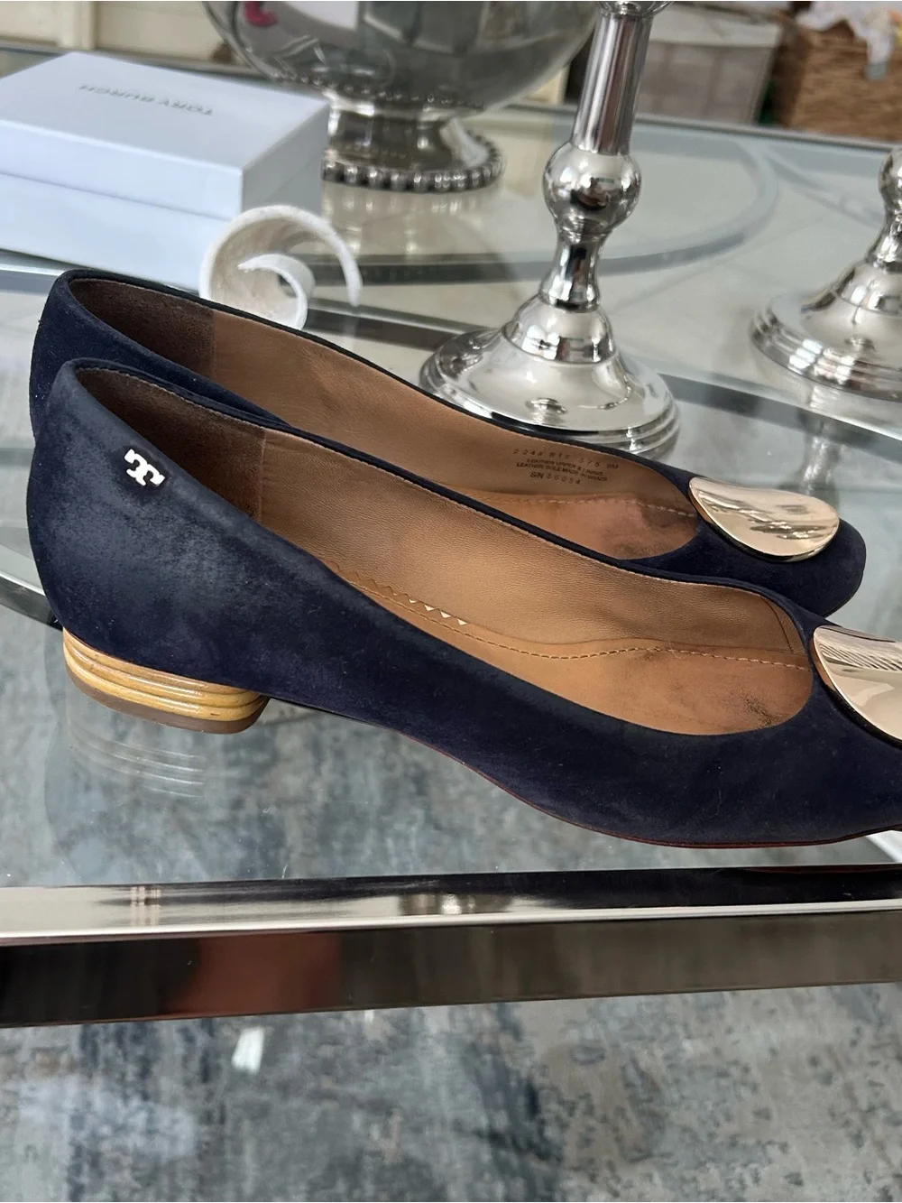 Tory Burch Navy Suede Flats with Gold Disc